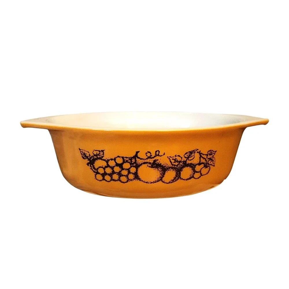 Vintage 70s Pyrex Old Orchard 1 1/2 qt Oval Casserole Dish #043 Gold w/ Fruit